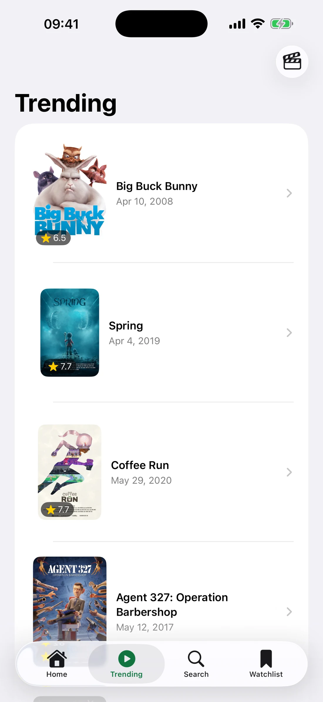 Tonight's Trending tab on iPhone: a list of titles with poster thumbnails, release dates and rating badges